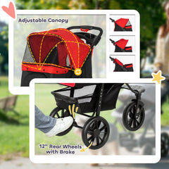 3 Wheel Folding Dog Stroller, Travel Carrier with Adjustable Canopy, Storage Brake, Mesh Window for S&M Dogs, Red