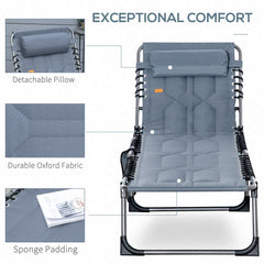 Outdoor Lounge Chair, Folding Chaise Lounge, Patio Padded Tanning Chair with 5-position Adjustable Backrest, Pillow and Pocket for Deck, Beach, Lawn and Sunbathing, Beige