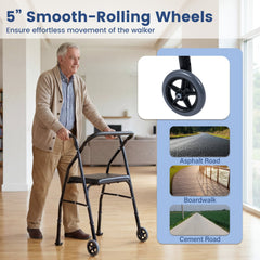 Lightweight Aluminum Mobility Walker for Seniors with 2 Wheels 5-Level Adjustable Height and Padded Seat-Black