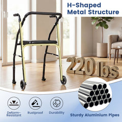 Lightweight Aluminum Mobility Walker for Seniors with 2 Wheels 5-Level Adjustable Height and Padded Seat-Black