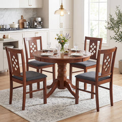 Set of 4 Diamond Lattice Back Dining Chairs, Cherry Rubber Wood with Grey Linen Look Seats