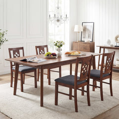 Set of 4 Diamond Lattice Back Dining Chairs, Cherry Rubber Wood with Grey Linen Look Seats