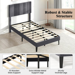 Linen Upholstered Platform Bed with Height Adjustable Vertical Channel Headboard-Twin Size
