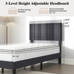 Linen Upholstered Platform Bed with Height Adjustable Vertical Channel Headboard-Twin Size