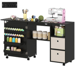 Rolling Sewing Machine Table with Power Outlet, Folding Craft Table with 2 Fabric Drawers, 2 Bins and 18 Pegs, Black
