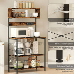 Baker's Rack with Charing Station, Microwave Shelf with Power Outlet, USB Charger and 5 Hooks, Black