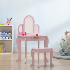 Kids Dressing Table and Chair Set, Girls Dressing Set, Makeup Desk with Drawer for 3-6 Years Old Kids, Pink