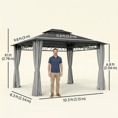 10' x 10' Outdoor Hardtop Gazebo Canopy w/ Double PC Roof, Steel Frame, Nettings, Curtains for Garden Lawn Deck, Black
