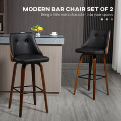 Bar Height Bar Stools Set of 2, PU Leather Upholstered Swivel Barstools with Solid Wood Legs Footrest and Tufted Back, Black