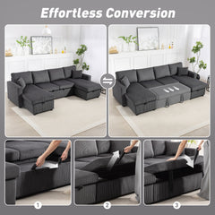 Convertible Sofa Bed, Corduroy U-Shaped Sleeper Sofa Couch with Storage Chaise, Pillows, Spring, Futon Couch, Grey