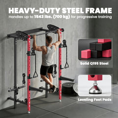 Foldable Power Cage, Space-Saving Power Rack with Pull-Up Bar, Cable Pulley System, 1540 lbs Capacity