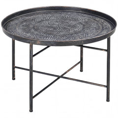 Vintage Coffee Table for Living Room, 24" Round Center Table with Hammered Tray Top and Metal Frame, Pewter