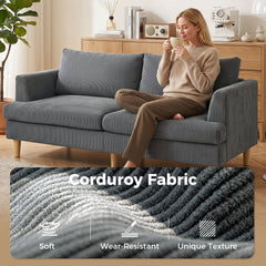 3 Seater Sofa, 74" Modern Corduroy Upholstered Couch with Thick Spring Cushions, Solid Wood Legs, Armrests, Beige