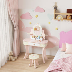 Kids Vanity Set, Girls Dressing Table with Mirror and Stool, 7 Accessories, Drawers, Desktop Storage, Pink