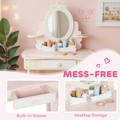 Kids Vanity Set, Girls Dressing Table with Mirror and Stool, 7 Accessories, Drawers, Desktop Storage, Pink
