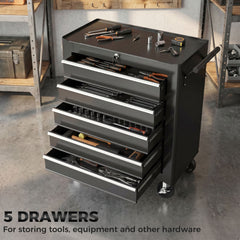 5 Drawer Roller Tool Chest, Lockable Toolbox, Storage Organizer with Handle for Workshop Mechanics Garage, Black and Red