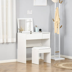 Modern Vanity Set with Flip Top Mirror and Cushioned Stool, Dressing Table with Storage Drawer for Bedroom, White