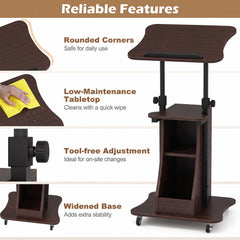 Mobile Podium Stand Height Adjustable Laptop Cart with Tilting Tabletop and Storage Compartments-Brown