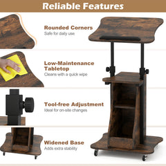 Mobile Podium Stand Height Adjustable Laptop Cart with Tilting Tabletop and Storage Compartments-Rustic Brown