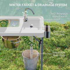 Folding Fish Cleaning Table with Sinks, Camping Sink with Faucet Drainage Hose Sprayer Shelf, Grey