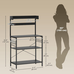 Kitchen Baker's Rack with Power Outlet, Coffee Bar Station with Adjustable Shelves and Hooks, Distressed Grey