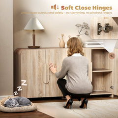 Sideboard Buffet Cabinet, 62" Modern Kitchen Storage Cabinet with Soft-Close Doors and Adjustable Shelves, Natural Wood