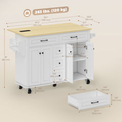 Kitchen Island Cart with Power Outlet & Drop Leaf, 55" Rolling Kitchen Island on Wheels with Storage, Black