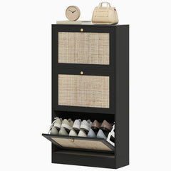 Rattan Shoe Storage Cabinet with 3 Flip Drawers and Adjustable Shelves, Entryway Shoe Cabinet for 18 Pairs, Oak