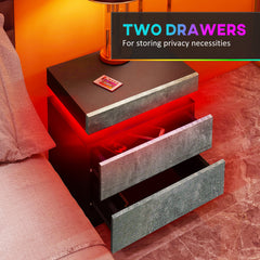 Nightstand, Bedside Table with LED Lights and 2 Drawers for Bedroom, Living Room, Cement Grey