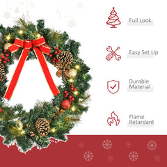 Christmas Wreath 24" Pre-Lit Artificial Greenery Xmas Spruce Wreath Cones Red Berries 20 LED Lights Battery Operated