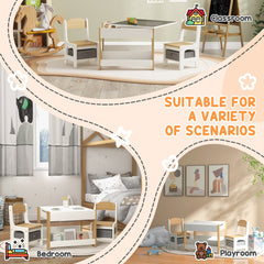 3 Piece Kids Table and Chair Set with Reversible Tabletop, Blackboard, Storage, Bookshelf, for Playroom, Nursery, Grey