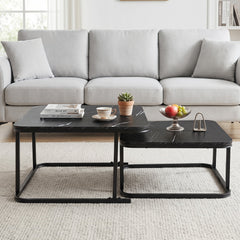 Nesting Coffee Table Set of 2 with Faux Marble Top and Metal Frame-Black