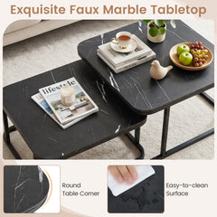Nesting Coffee Table Set of 2 with Faux Marble Top and Metal Frame-Black