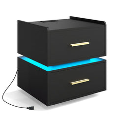 Nightstand with Charging Station LED Bedside Table with 2 Storage Drawers-Black