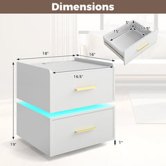 Nightstand with Charging Station LED Bedside Table with 2 Storage Drawers-White