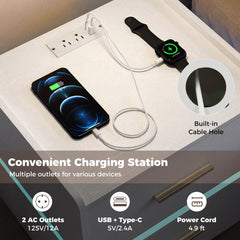 Nightstand with Charging Station LED Bedside Table with 2 Storage Drawers-White
