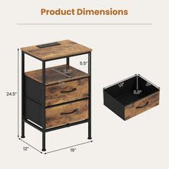 Nightstand with Charging Station 24.5 inch Modern Bedside Table with 2 Fabric Drawers-Rustic Brown