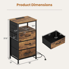 Nightstand with Charging Station 27.5 inch Modern Bedside Table with 3 Fabric Drawers-Rustic Brown