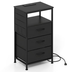 Nightstand with Charging Station 27.5 inch Modern Bedside Table with 3 Fabric Drawers-Black