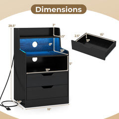 Nightstand with LED Light and Charging Station for Living Room Bedroom-Black