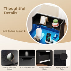 Nightstand with LED Light and Charging Station for Living Room Bedroom-Black