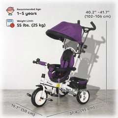 6 in 1 Toddler Tricycle Stroller with Basket, Canopy, 5-point Safety Harness, for 12-60 Months, Grey