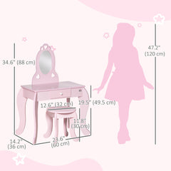Kids Vanity Table Set with Mirror and Stool, Drawer, for 3-6 Years, Pink