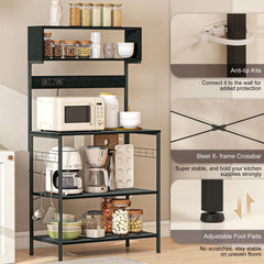 Baker's Rack with Charing Station, Microwave Shelf with Power Outlet, USB Charger and 5 Hooks, Black