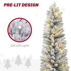 5ft Artificial Prelit Christmas Tree with Warm White LED Light, Snow Flocked Branches, Metal Base, Pencil Xmas Tree