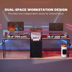 96 Inch Gaming Desk, Dual Computer Desk for 2 Person with Power Outlets and Monitor Stands, Black