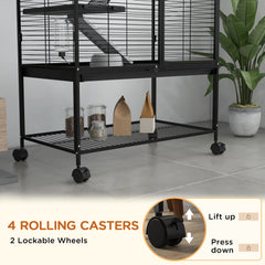 Rolling Small Animal Cage 34"H Chinchilla Cage for Ferrets, Squirrels w/ Removable Tray, Storage Shelf, Black