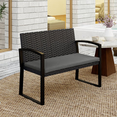 2 Seater Outdoor Bench, Rattan Garden Bench Loveseat with Cushion, Armrests, Steel Frame for Patio, Porch, Light Grey