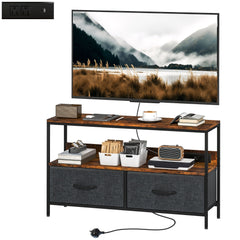 TV Stand with Charging Station, TV Table with 2 Foldable Linen Drawers and Open Shelf for 47 Inch Television, Black