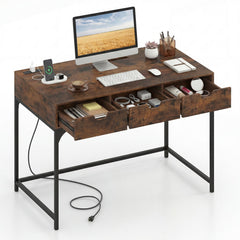 Office Desk with Power Outlets and Hidden Compartment for Study-Rustic Brown